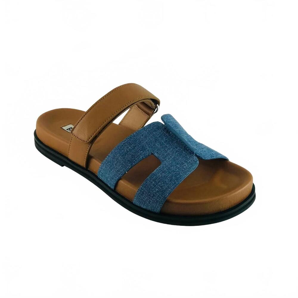 NEW BIBI LOU women's mindy cutout slide sandals in denim/leather